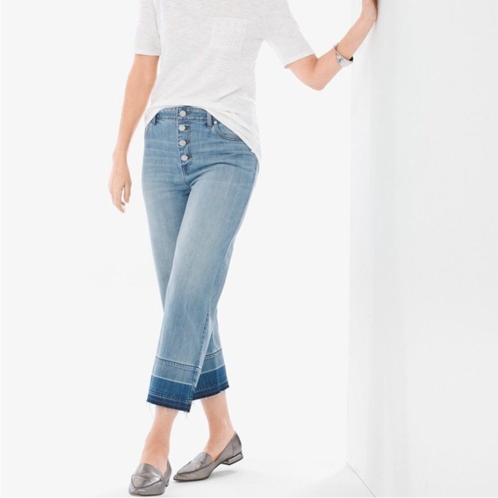 Chico's Two-Tone Light Blue Cropped Wide-Leg Jeans with Dark Hem